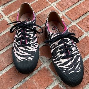 BOBS from Skechers Bk/Wh Zebra Textile Pink Glitter Overlay Sneakers